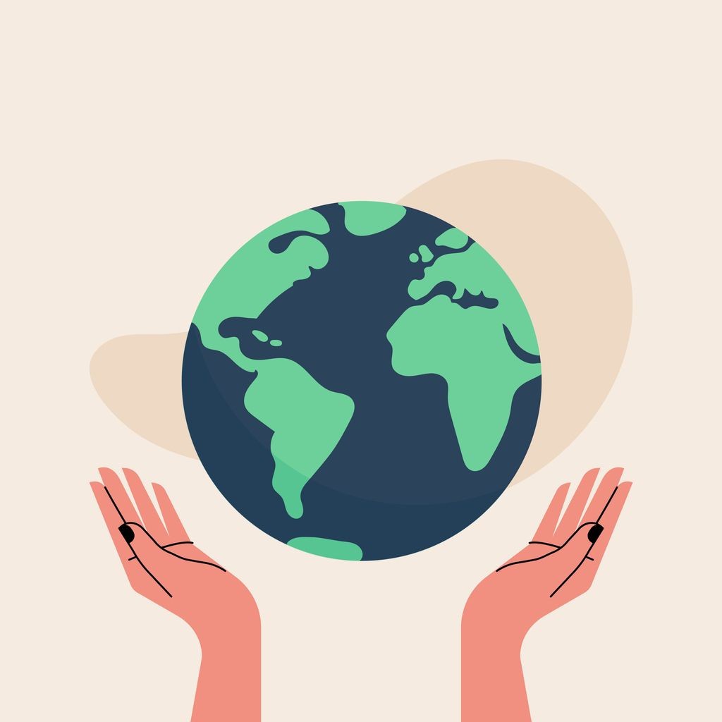 Illustration of hands holding up the Earth, signifying care and stewardship for the planet.